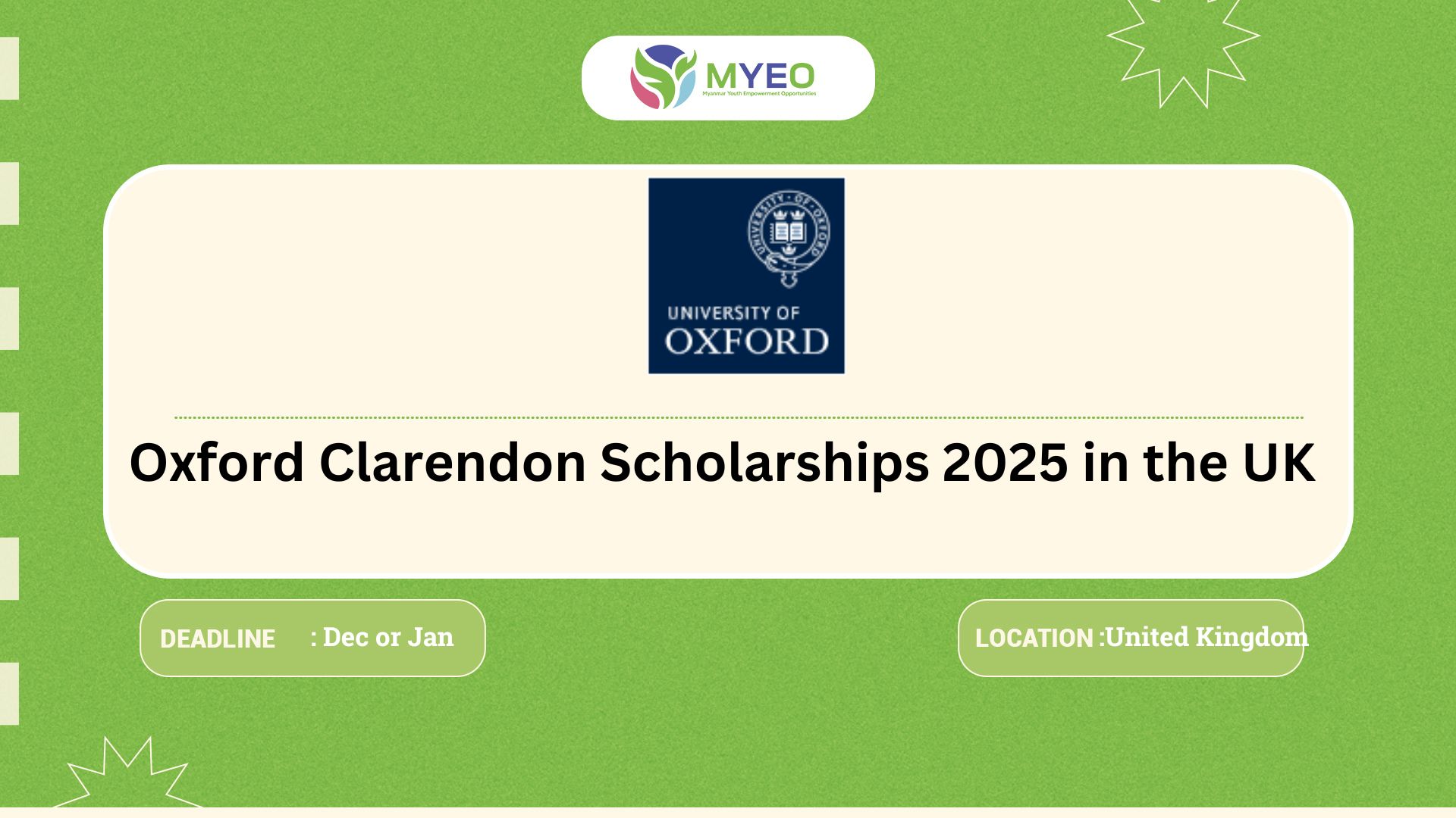 Oxford Clarendon Scholarships 2025 in the UK MYEO, Myanmar Youth Empowerment Opportunities