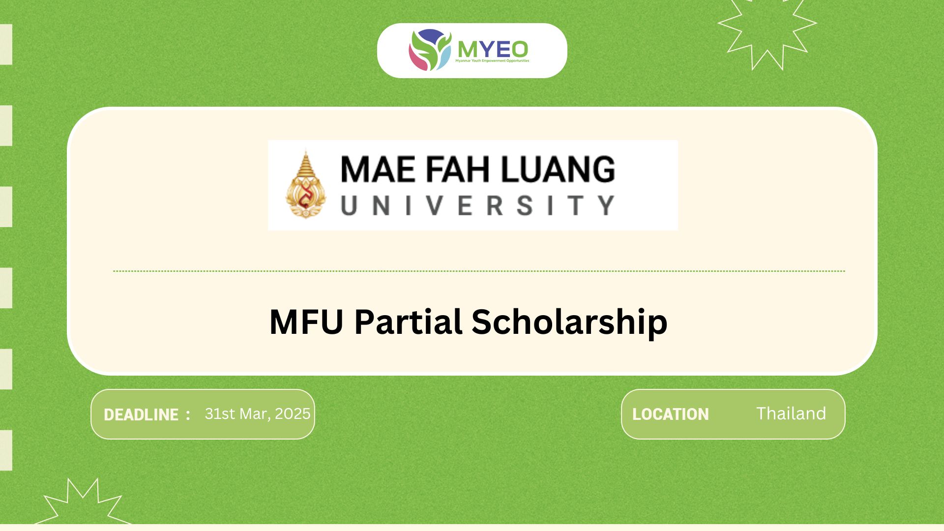 Mfu MFU Partial Scholarship - MYEO, Myanmar Youth Empowerment Opportunities